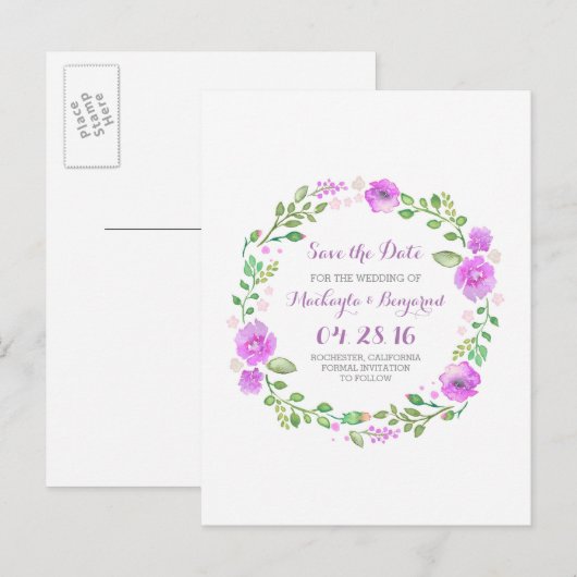 bloemenkrans waterverf bewaar de datum briefkaarte aankondigingskaart (Voorkant / Achterkant)