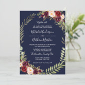 Bloemenkrans Waterverf Bourgondië Navy Wedding Kaart (Staand voorkant)