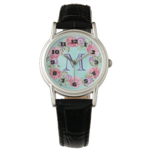  bloemenkrans Waterverf Flowers Monogram Horloge