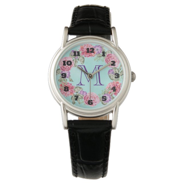  bloemenkrans Waterverf Flowers Monogram Horloge (Voorkant)