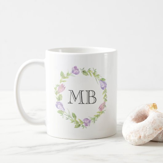 Bloemenkrans waterverf Monogram mok (Met donut)