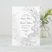 Bloemenkrans wit zwart zilver bruiloft kaart (Staand voorkant)