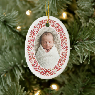Bloemenkranz lint baby's 1e kerst foto keramisch ornament