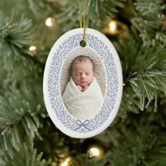 Bloemenkranz Lint Baby's 1e Kerstmis Foto Keramisch Ornament
