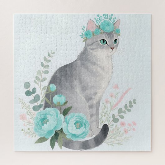 Bloemenkroon Grijze Kat Legpuzzel (Verticaal)