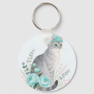 Bloemenkroon Grijze Kat Sleutelhanger
