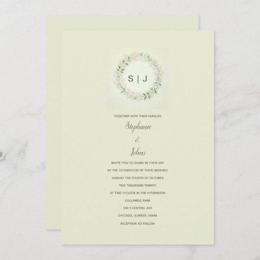 Bloemenkroon Monogram Beige Saliegroen Trouw Kaart (Voorkant / Achterkant)