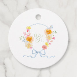 Bloemenkroon Monogram Blauwe Strik Lente Bruiloft Bedankjes Labels
