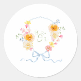 Bloemenkroon Monogram Blauwe Strik Lente Bruiloft Ronde Sticker