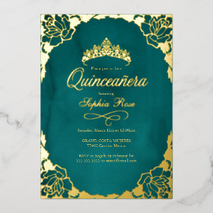 Bloemenkroon Teal Gouden Quinceanera  Folie Uitnodiging