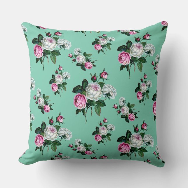  Bloemenkruid Shabby Chic, Roze Witte Rozen, Gree Kussen (Voorkant)