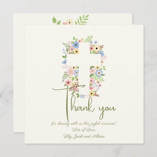 Bloemenkruis doop Dank u kaart – Zachte pastel (Voorkant / Achterkant)