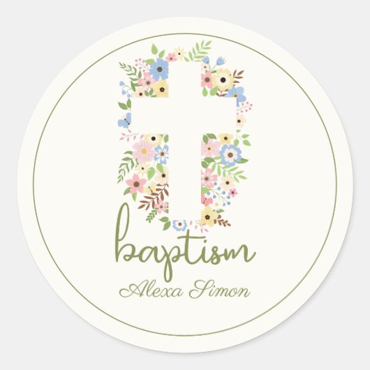 Bloemenkruis doop – zachte pastel ronde sticker (Voorkant)