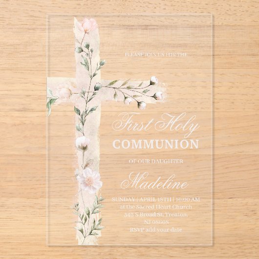Bloemenkruis Eerste Communie Acryl Uitnodigingen (Voorkant)