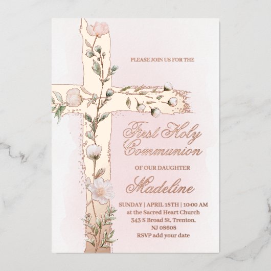 Bloemenkruis Eerste Communie Folie Uitnodiging (Voorkant)