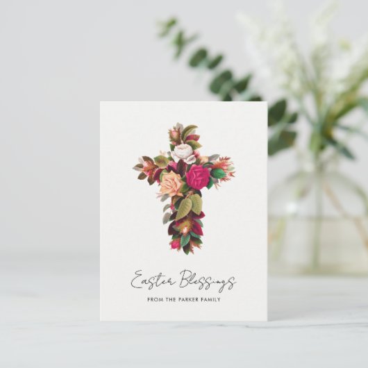   Bloemenkruis Gepersonaliseerd Pasen Feestdagenkaart (Staand voorkant)