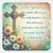 Bloemenkruis Johannes 3:16 Bijbelvers Pasen Vierkante Sticker (Voorkant)