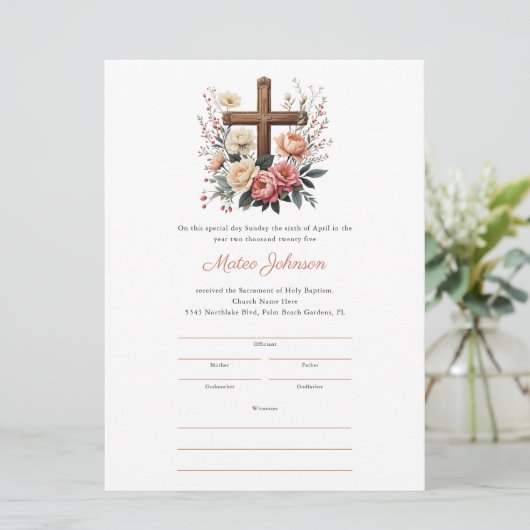 Bloemenkruis Katholieke doop Certificaat Sjabloon (Staand voorkant)