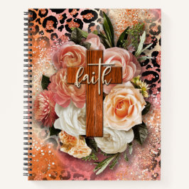 Bloemenkruis op perzik roze glitter luipaard print notitieboek