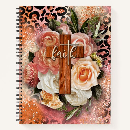 Bloemenkruis op perzik roze glitter luipaard print notitieboek (Voorkant)