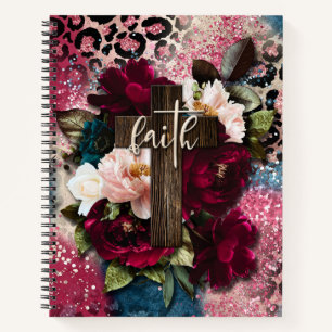 Bloemenkruis op roze blauwe glitter luipaardprint notitieboek