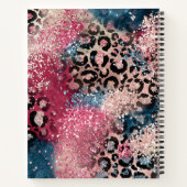 Bloemenkruis op roze blauwe glitter luipaardprint notitieboek (Achterkant)
