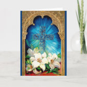 Bloemenkruis Paas Kaart blauw & goud (Voorkant)