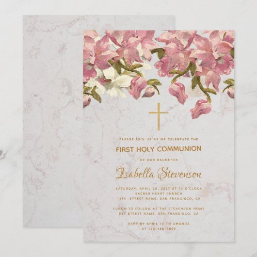 Bloemenkruis Roze Orchideeën Marmer Eerste Communi Kaart (Voorkant / Achterkant)