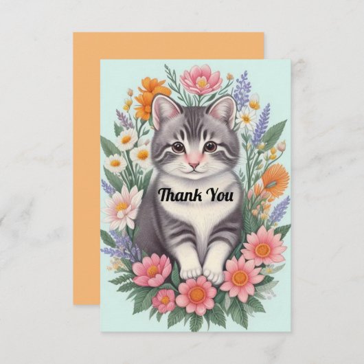 Bloemenkunst en kat bedankkaart (Voorkant / Achterkant)