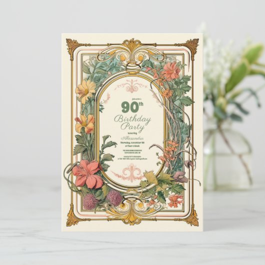  bloemenkunst nouveau 90ste geboortedag kaart (Staand voorkant)