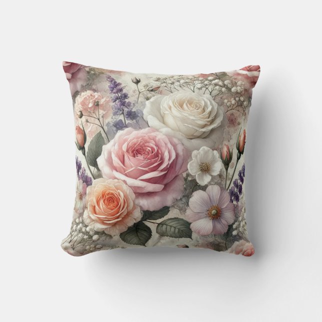 Bloemenkussen met roze en witte rozen kussen (Voorkant)