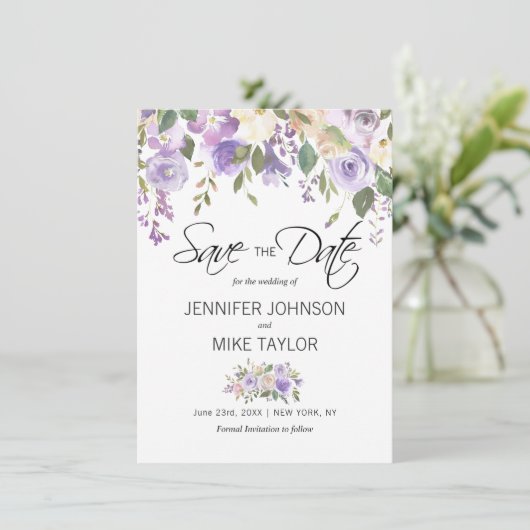 Bloemenlavendel Paarse Lila Bloemen Bruiloft Save The Date (Staand voorkant)