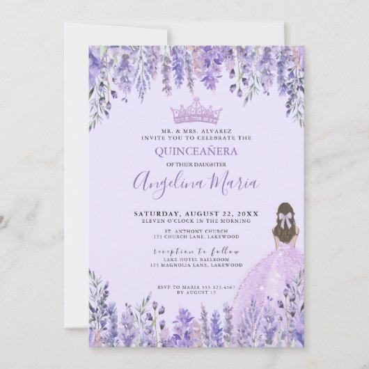 Bloemenlavendel Paarse Quinceanera Uitnodiging (Voorkant)