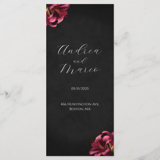 Bloemenlelie donker gotisch bruiloft menu (Achterkant)