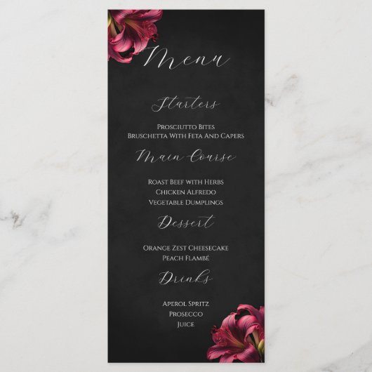 Bloemenlelie donker gotisch bruiloft menu (Voorkant)