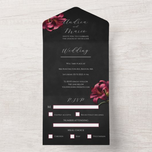 Bloemenlelie donker gotisch bruiloft uitnodiging (Binnen)