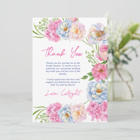 Bloemenliefde in bloei roze zomer vrijgezellenfees bedankkaart (Staand voorkant)