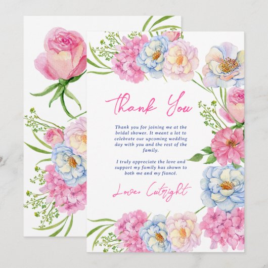 Bloemenliefde in bloei roze zomer vrijgezellenfees bedankkaart (Voorkant / Achterkant)