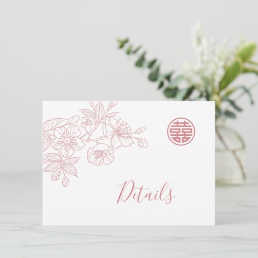 Bloemenlijn Art Blush Chinese bruiloft Details Informatiekaartje (Staand voorkant)