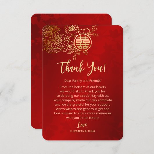 Bloemenlijn Art Chinese bruiloft Bedankkaart (Voorkant / Achterkant)