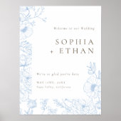 Bloemenlijn Art Frans Blauw Bruiloft Welkomstbord Poster (Voorkant)