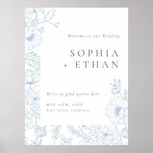 Bloemenlijn Art Frans Blauw Bruiloft Welkomstbord Poster (Voorkant)