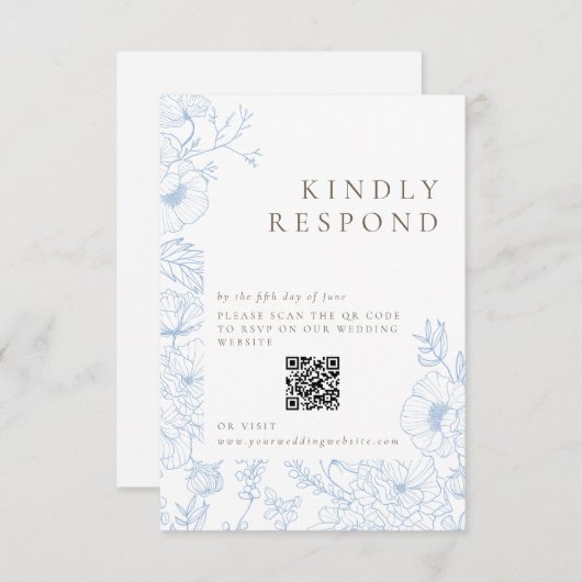 Bloemenlijn Art Franse blauwe bruiloft RSVP Kaartje (Voorkant / Achterkant)