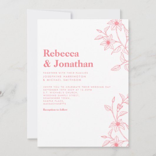 Bloemenlijn Art Roze Bruiloft Kaart (Voorkant)