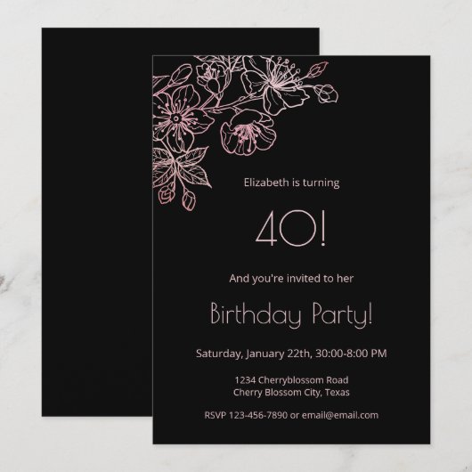 Bloemenlijn Art Roze Zwart Verjaardag Kaart (Voorkant / Achterkant)