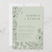 Bloemenlijn Art Sage Groene Bruiloft Kaart (Voorkant)