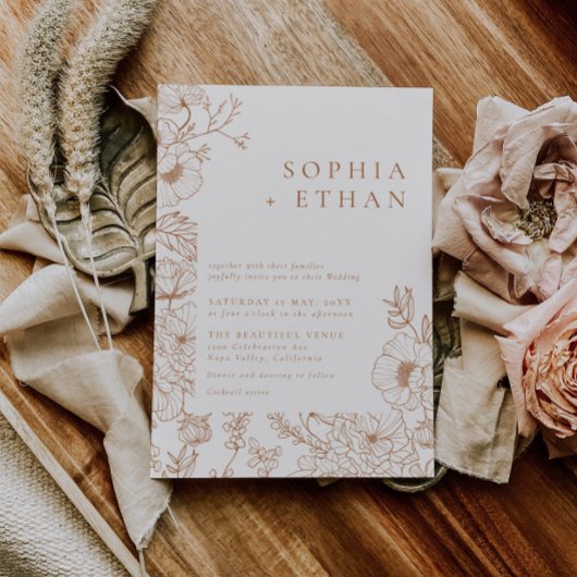 Bloemenlijn Art Terracotta Bruiloft Kaart