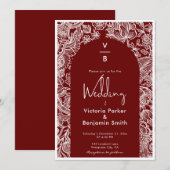  Bloemenlijn Boog Monogram Burgandy Bruiloft Kaart (Voorkant / Achterkant)