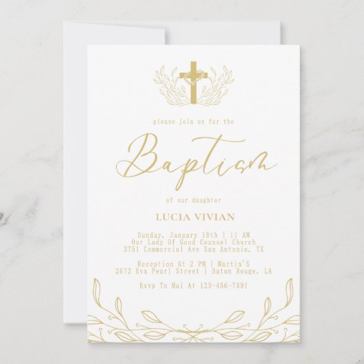 Bloemenlijn Gouden Kruis minimalistische doop Kaart (Voorkant)