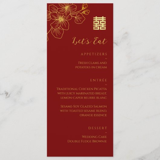 Bloemenlijn kersenbloesem Chinees bruiloft rood Menu (Voorkant)
